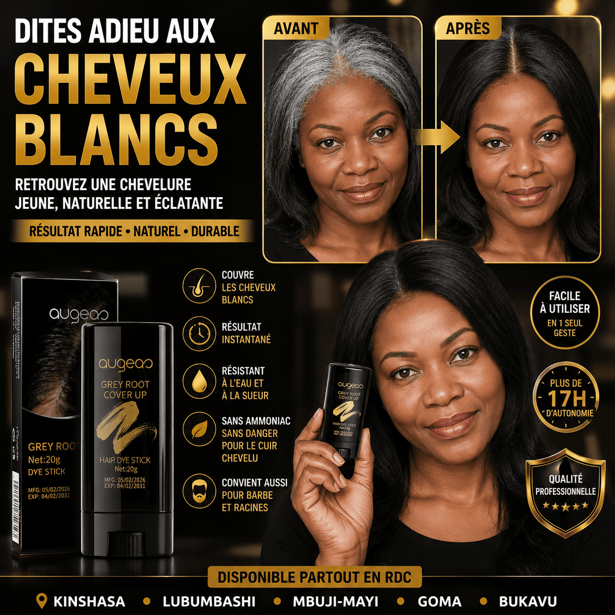 RETROUVEZ UNE ALLURE SOIGNÉE SANS ATTENDRE LE SALON -Bâton de teinture pour couvrir les cheveux gris